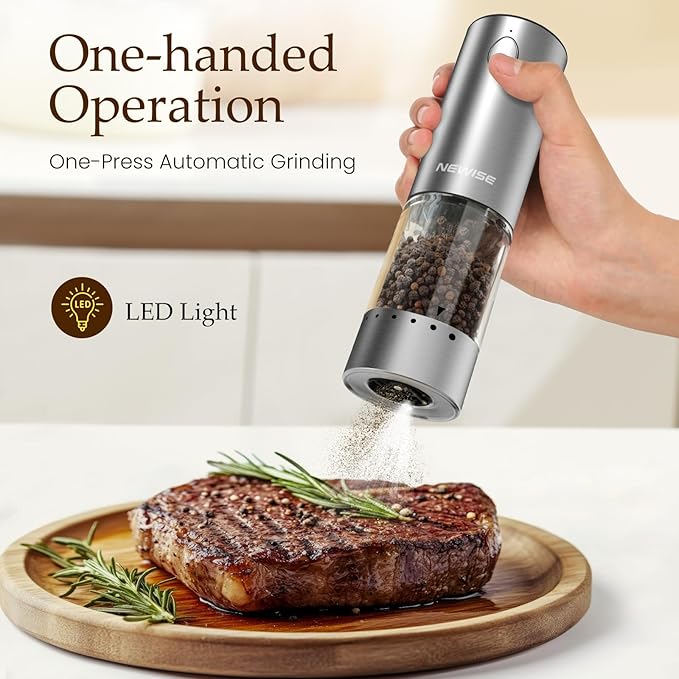 Electric Salt and Pepper Grinder Set - Christmas Kitchen Gift, Rechargeable with LED Lights, Stainless Steel Automatic Mill, Adjustable Coarseness, Large Capacity, Silver