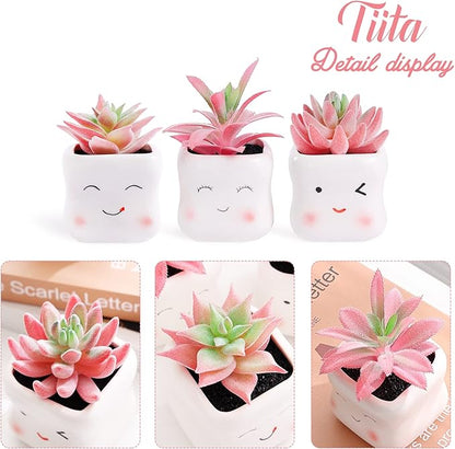 Tiita Cute Artificial Faux Succulents in Pots, Pink Fake Plants Ceramic Arrangement Planter Small Mini Tiny Decoration for Home Office Accessories Women Desk Window Sill Bathroom Bedroom