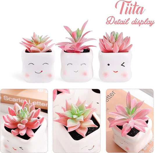 Tiita Cute Artificial Faux Succulents in Pots, Pink Fake Plants Ceramic Arrangement Planter Small Mini Tiny Decoration for Home Office Accessories Women Desk Window Sill Bathroom Bedroom