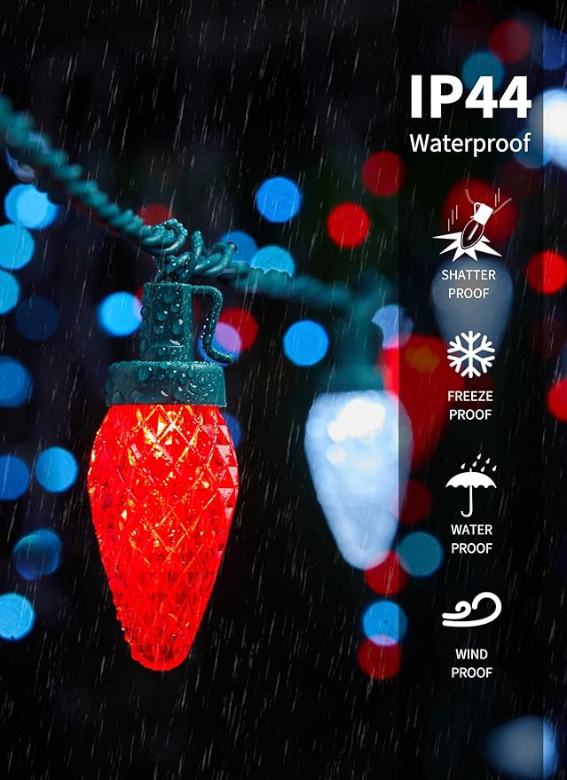 C9 LED Christmas Lights Outdoor, 81 Feet 100 LED String Lights with Timer & 8 Light Mode, Waterproof Commercial Grade Christmas Tree Lights for Outside Indoor Roofline Patio Decor, Red & Pure White