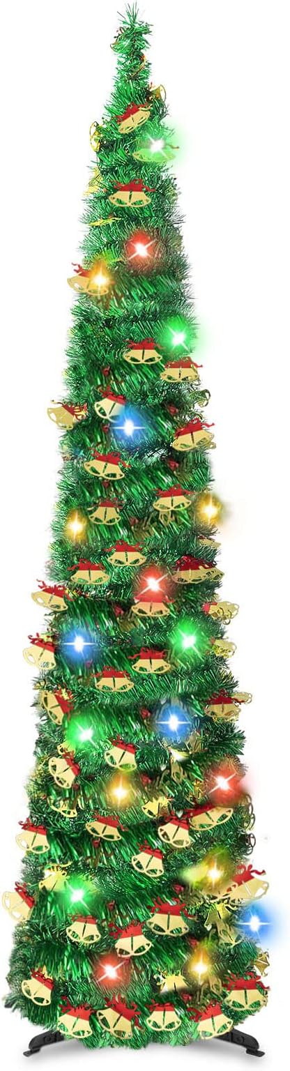 5 FT Pencil Christmas Tree with 90 Colorful Lights, Collapsible Artificial Sequin Pop Up Christmas Tree, Skinny Pencil Tinsel Christmas Trees, Xmas Tree for Home Apartment Basement Fireplace