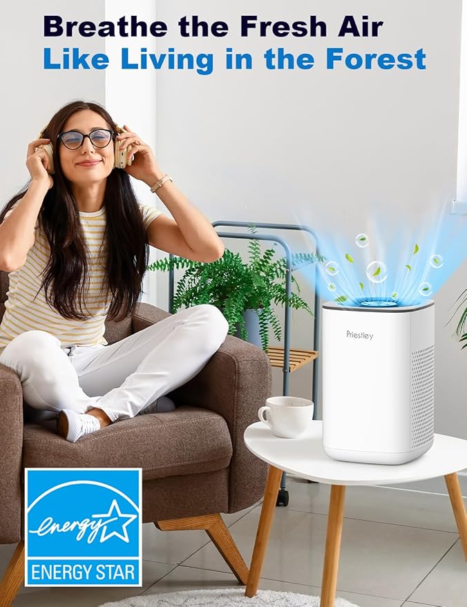 Priestley Small Air Purifiers for Home Bedroom Dorm Office Desktop, 20dB Quiet 3-in-1 HEPA Air Purifier with Essential Oil Diffuser, Air Filters Smoke, Allergies, Pet Dander, Odor, Dust