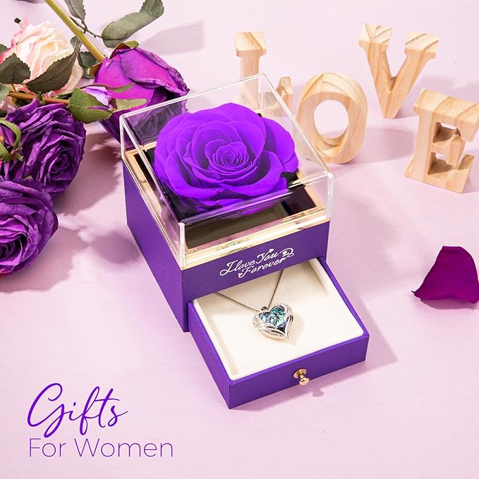 NEWNOVE Preserved Real Purple Rose with Angle Wings Necklace, Christmas Flowers Gifts for Mom Grandma Wife Girlfriend, I Love You Gifts for Her, Anniversary or Birthday Gifts for Women