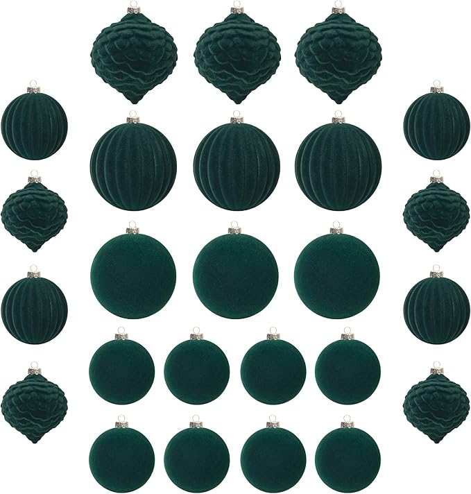 KI Store Velvet Christmas Balls Green 25pcs Flocked Christmas Tree Ornaments Assortment for Xmas Tree Holiday Decor