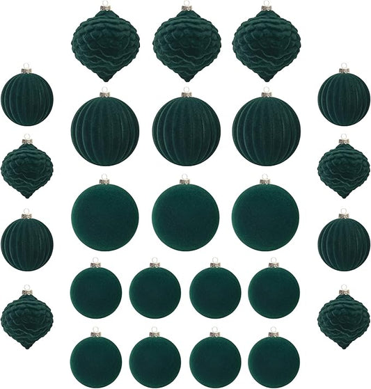 KI Store Velvet Christmas Balls Green 25pcs Flocked Christmas Tree Ornaments Assortment for Xmas Tree Holiday Decor