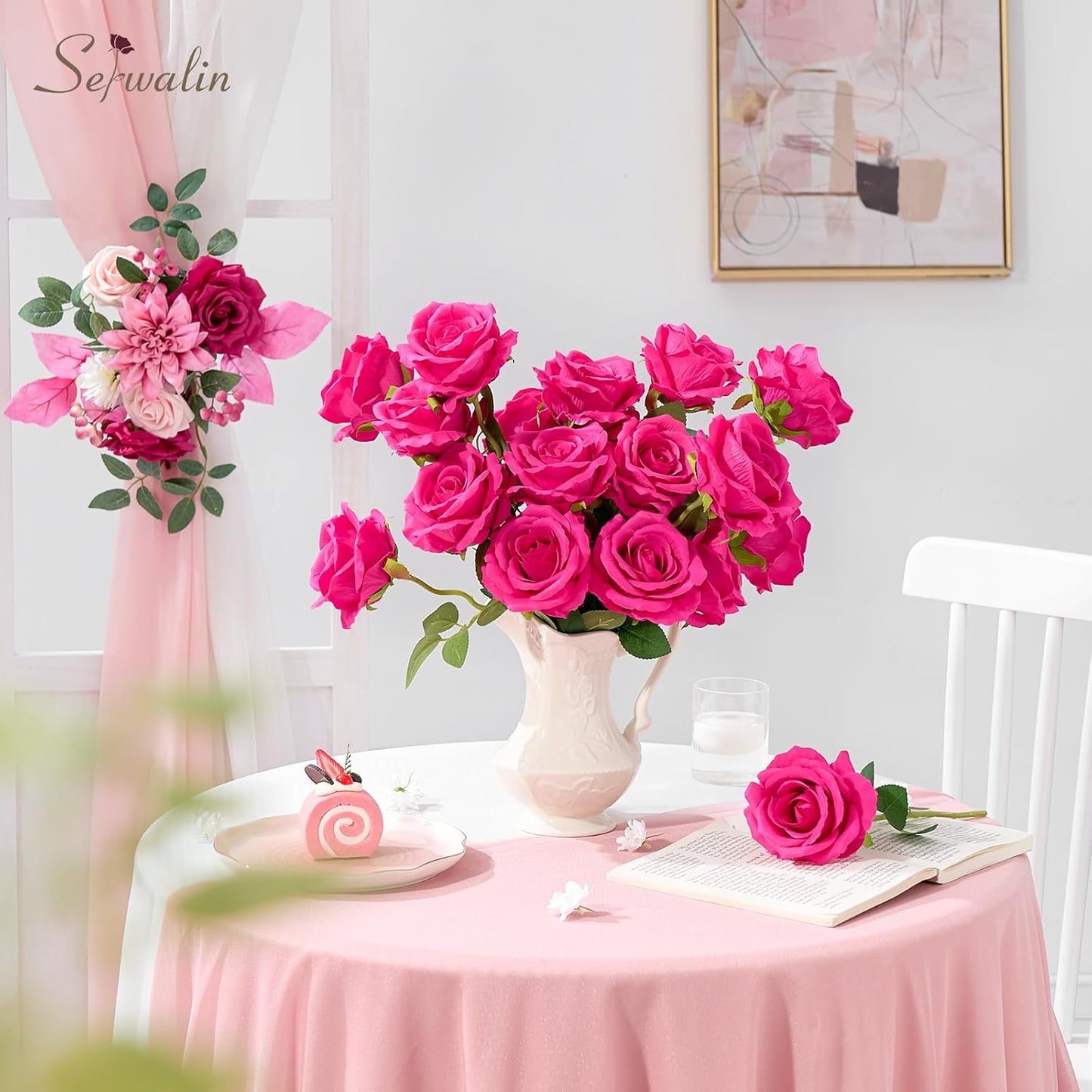 Serwalin 50pcs Artificial Roses Bulk, 4'' Big Velvet Flower Head, Hot Pink Rose Velvet Real Touch, Silk Fake Roses Long Stems Realistic Bouquet for Wedding Table Centerpiece and Home Decor