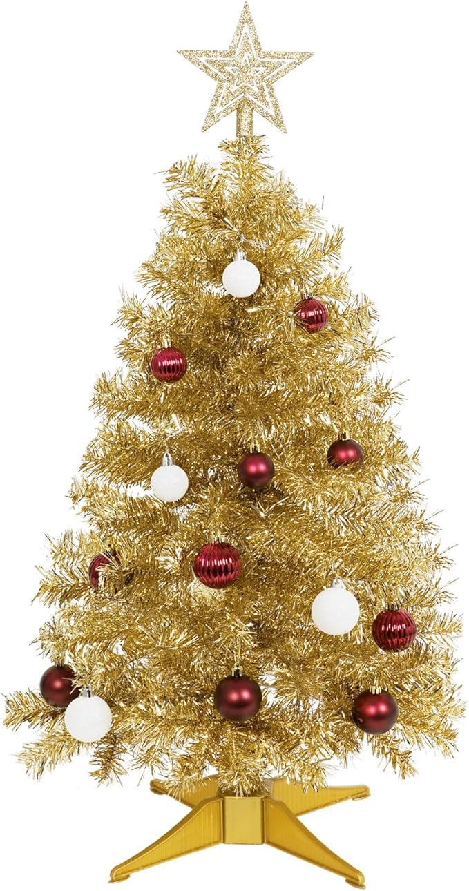 Sunshine Champagne Christmas Tree with Light 3ft Artifical Full Christmas Tree with Ball & Star Ornaments 8 Lighting Modes for Holiday Decor