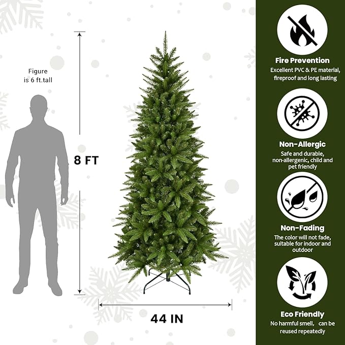 8ft Artificial Pencil Christmas Tree Hinged Realistic Slim Xmas Tree w/Sturdy Metal Stand, Fake Christmas Tree with 1561 Tips for Home, Office, Party Decoration Indoor
