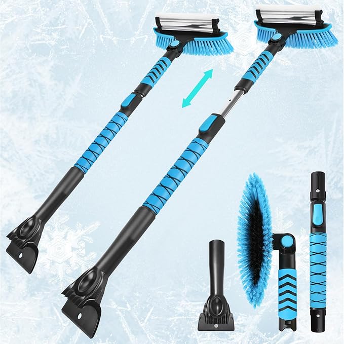 Yougfin Windshield Ice Scraper Car Brush for Snow 43 inch, 3 in 1 Detachable Snow Scraper with Squeegee, 180° Pivoting Brush Head, Foam Grip, Extendable Snow Removal for Auto Truck SUV Van