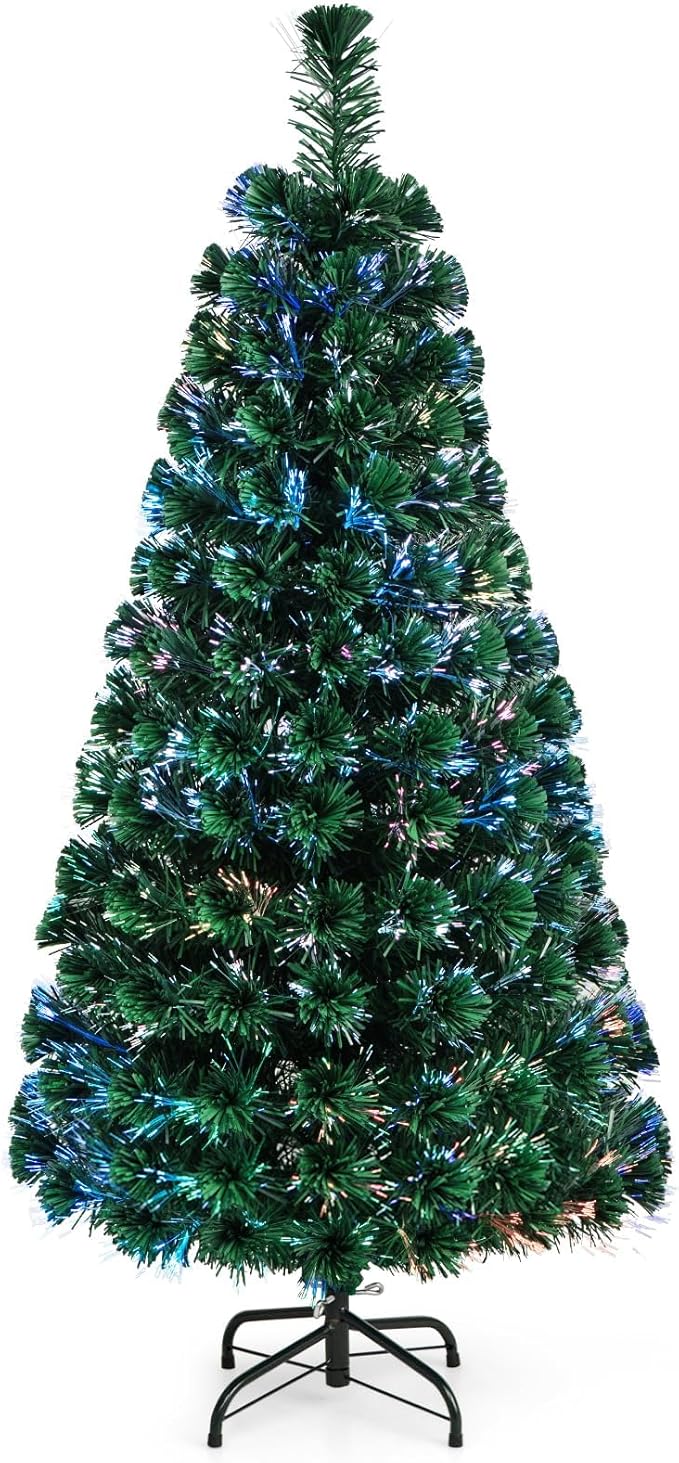 HAPPYGRILL 5FT Pre-Lit Fiber Optic Christmas Tree Artificial Christmas Tree with 170 PVC Tips, Green Xmas Tree with LED Lights for Indoor Outdoor Festival Decor