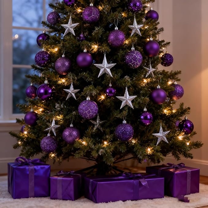 LANGXUN 36pcs Purple Christmas Tree Decorations Balls, Bolas De Navidad, 2025 Christmas Decor, Indoor Outdoor Shatterproof Christmas Ornaments, Xmars Party Wedding Suppiles