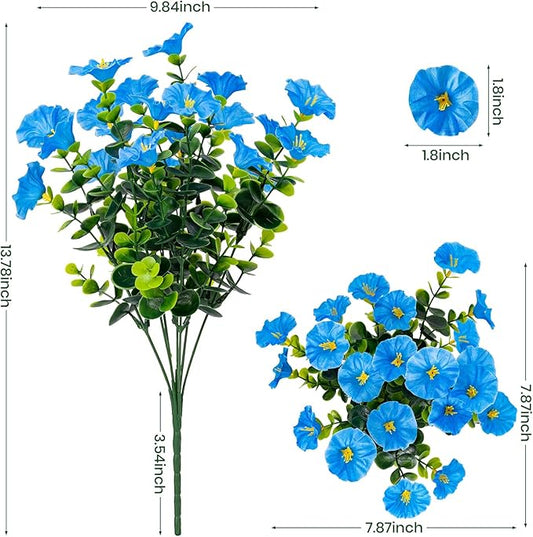 Artificial Faux Flowers for Outdoor 16 Bundles Boxwood Fake Morning Glory for Planter,UV Resistant Fake Flowers for Home Porch Patio Outside（Blue）