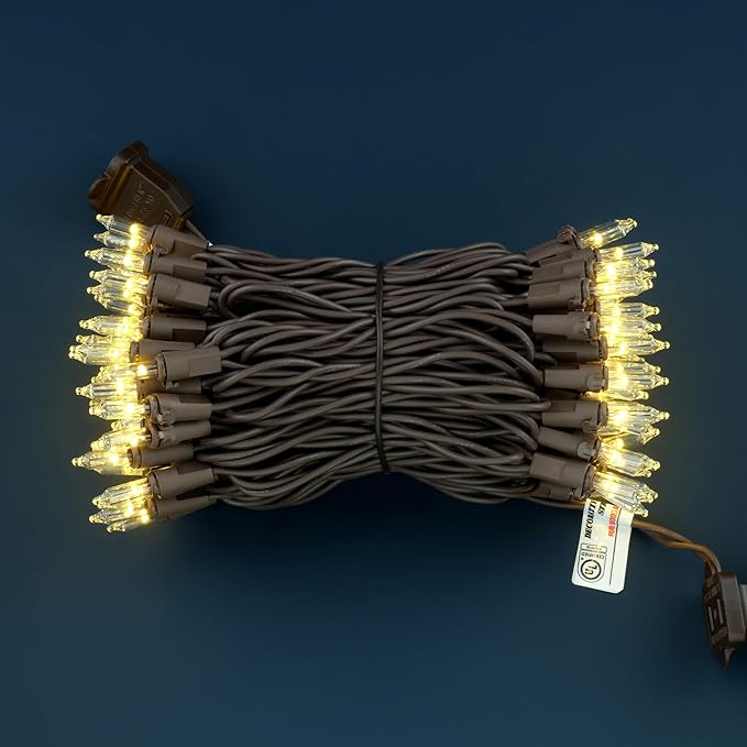 YULETIME 100 Count Clear Warm White Christmas Lights, 33 Feet Brown Wire UL Certified Incandescent-Like LED Mini String Lights