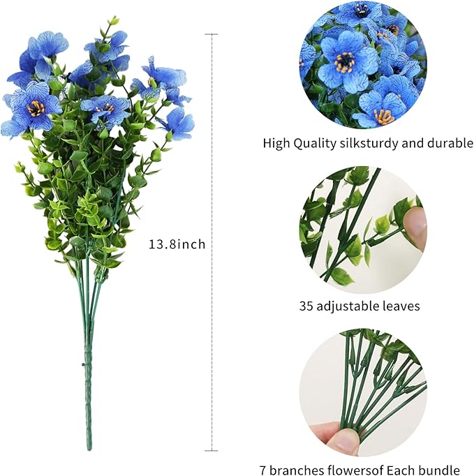 Artificial Faux Plants Flowers for Outdoor Outside Summer Decoration,16 Bundles UV Resistant Realistic Blue Plastic Fake Silk Daisy for Indoor Outside Greenery Boxwood Garden Home Planter Porch Patio