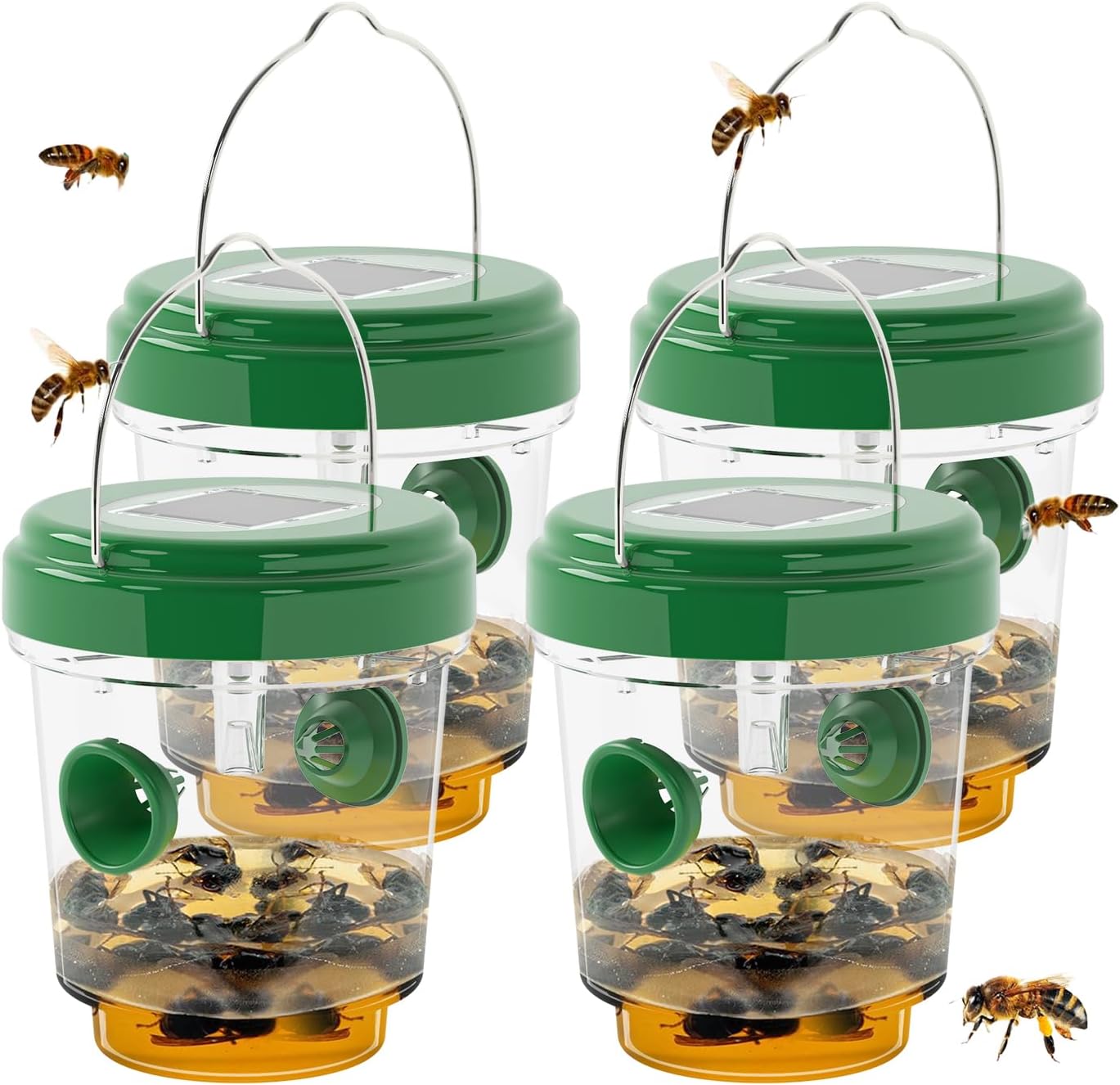 Wasp Traps for Hunting Wasps, Bees, Hornets, Insects, Yellow Jacket Traps, Wasp Trap Catcher, Reusable Solar Powered Hanging for Outdoor, 4 Packs