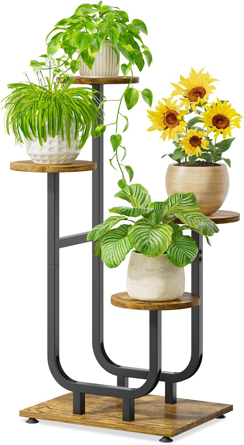 iDavosic.ly 4 Tier Plant Stand Indoor, Corner Tiered Multiple Flower Holder Shelf with Wooden Trays, Orchid Display Metal Rack for Patio Porch Living Room Balcony Outdoor, Modern Black & Rustic Brown