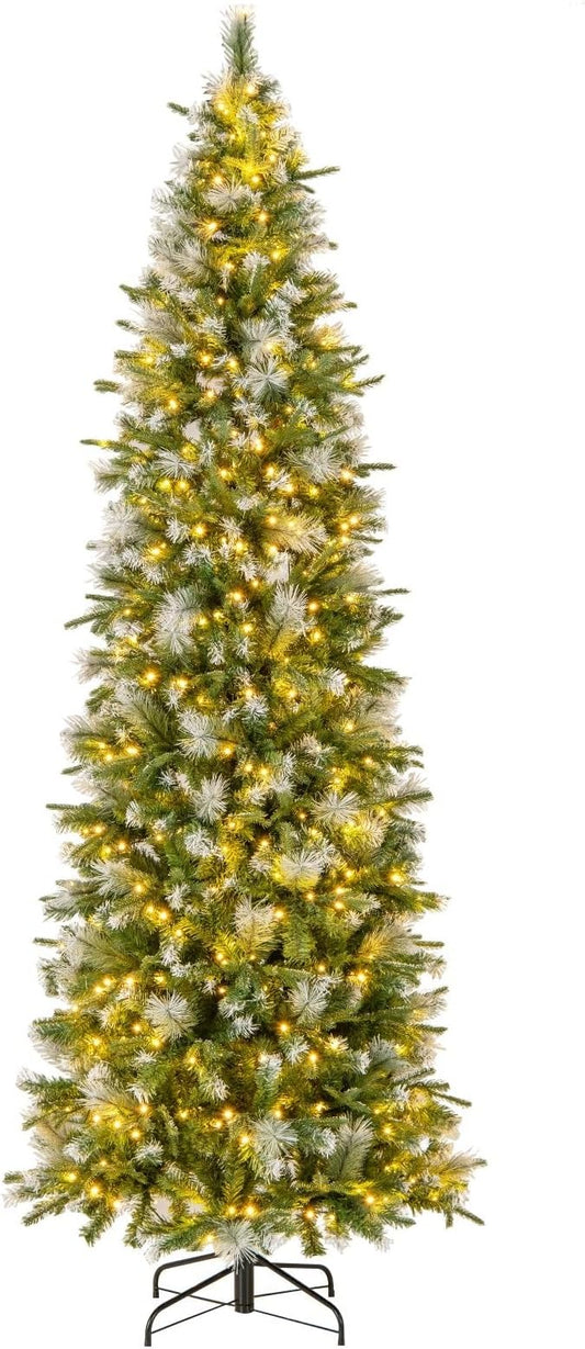 GOFLAME 9 FT Pre-Lit Pencil Christmas Tree Snow Flocked, Slim Artificial Xmas Tree with 1228 Branch Tips, 470 Warm White LED Lights, Holiday Decoration Tree for Home Party Office