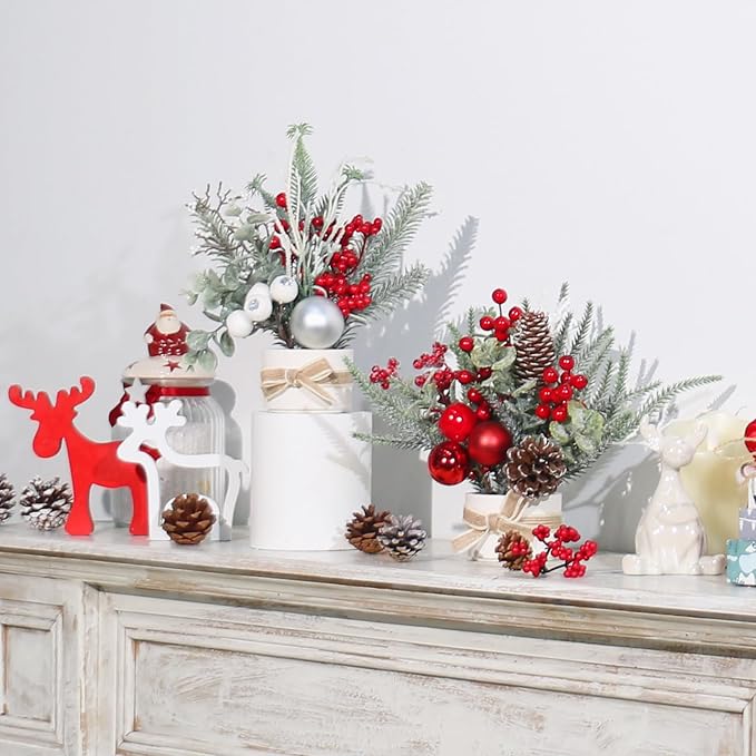 2PCS Small Christmas Tree,11" Artificial Little Potted Mini Tabletop Tree Christmas Decorations, for Wedding Holiday Indoor Xmas Party Decor (Red/Green/White).