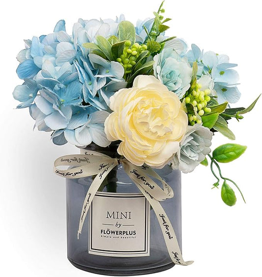 Artificial Flowers with Vase, Hydrangea Hand Bouquet and vase, Ins Style Artificial Flower Set, Suitable for Living Room, Dining Table, Office, Wedding, Hotel Banquet Home Decoration. (Blue)