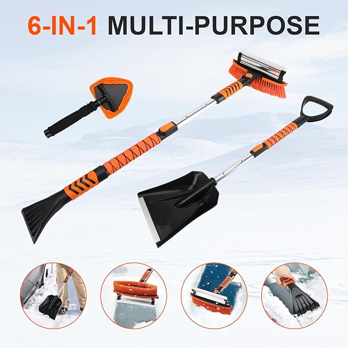 COMOWARE Extendable Snow Brush for Car, Ice Scrapers for Car Windshield Combo Kit with 270° Pivoting Head, 6-in-1 Snow Removal Tool with Snow Shovel Snow Scraper for Car, Truck, SUV, Winter Car Kit
