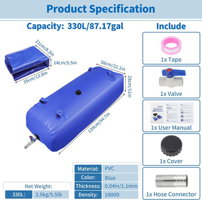 330 L/87.17 gal Water Storage Bladder Container Large Capacity Foldable Portable Water Tank Urgency Water Bladder Soft Water Bag RV Camping Garden Watering Field Irrigation 1000D
