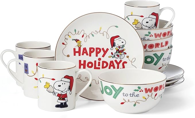 Lenox 896326 Snoopy Christmas 12-Piece Dessert Set, Holiday Dinnerware
