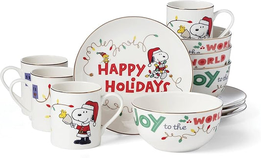 Lenox 896326 Snoopy Christmas 12-Piece Dessert Set, Holiday Dinnerware