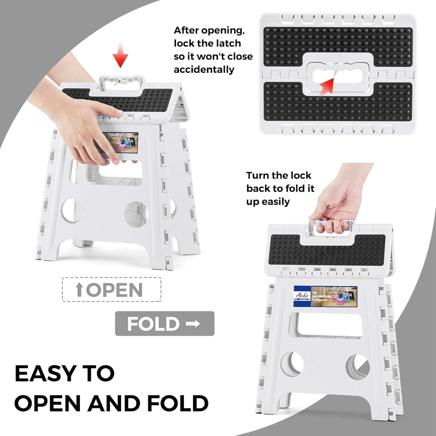 ACKO Folding Step Stool - 13" Height Premium Heavy Duty Step Stools for Adults and Kids, Upgrade Step Stool Kitchen Garden Bathroom Stepping Stool (White)