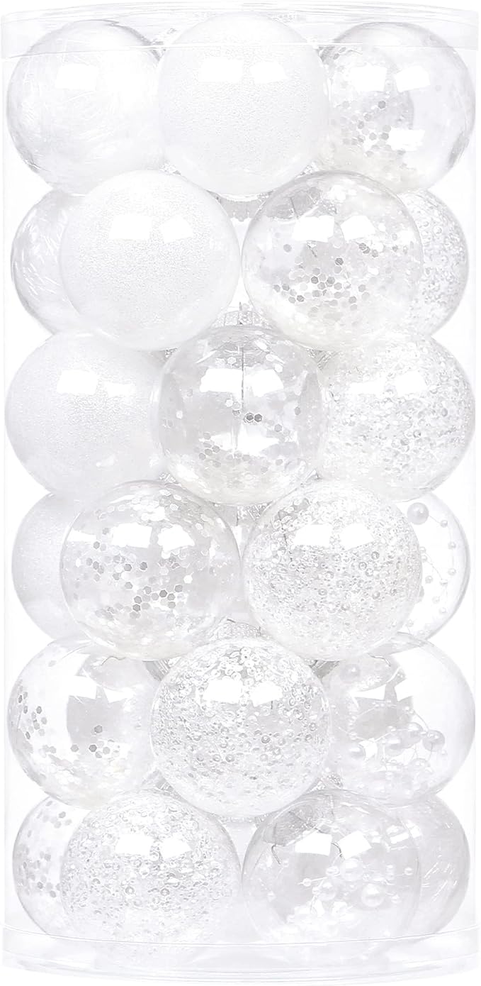 Sea Team Shatterproof Clear Plastic Christmas Ball Ornaments Decorative Xmas Balls Baubles Set with Stuffed Delicate Decorations (60mm/2.36 inch 30-Pack, White)