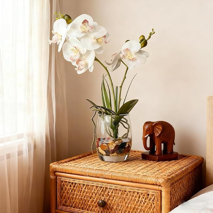 Jusdreen White Orchid Centerpiece in Glass Vase, 14.5 Inch Artificial Phalaenopsis with Potting for Home Office Decor, Table Centerpiece