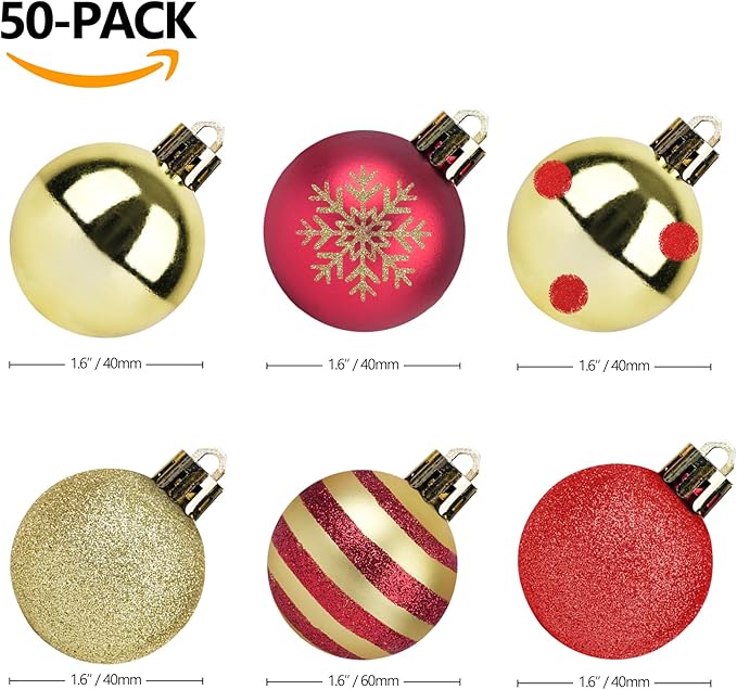 50pcs Christmas Balls 4cm / 1.6" Christmas Tree Hanging Ornaments Xmas Ball Decoration for Xmas Tree Wreath Garland, Red and Gold