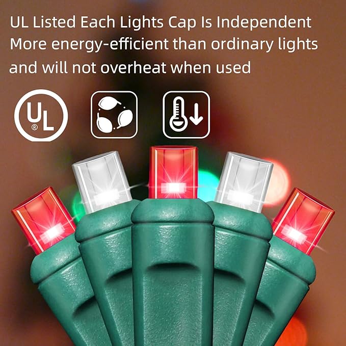 LAMPHOME 600LED (12pk of 50L) String Lights,LED Christmas Lights, 6" SPACING,Green Wire,Red and White