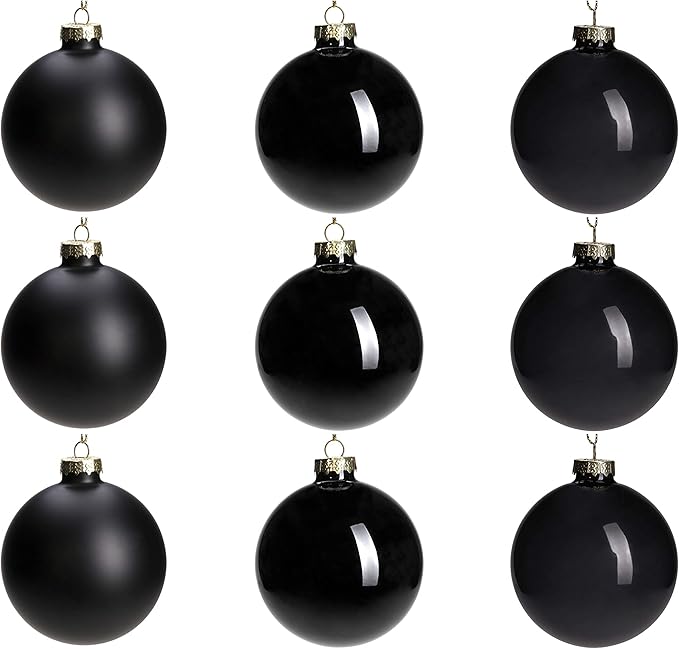 DN DECONATION Black Glass Christmas Ornaments, 3.15” Christmas Ball Hanging Christmas Baubles for Xmas Tree Decoration, Set of 9 Decor for Gothic DIY Gift