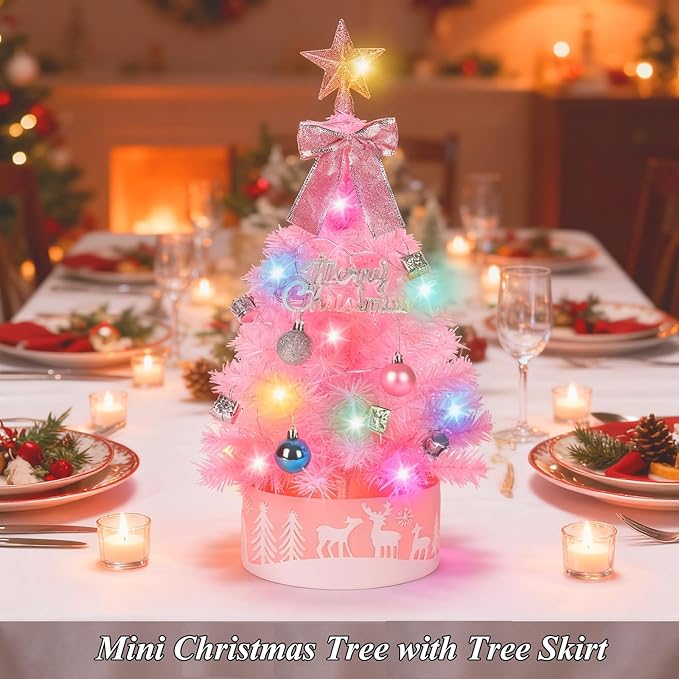 2FT Pre-lit Small Christmas Tree with Lights, Pink Small Christmas Tree with Balls & Star Topper, 3 Lighting Modes Tabletop Xmas Trees for Home, Office, Indoor Decor (Battery Not Included)