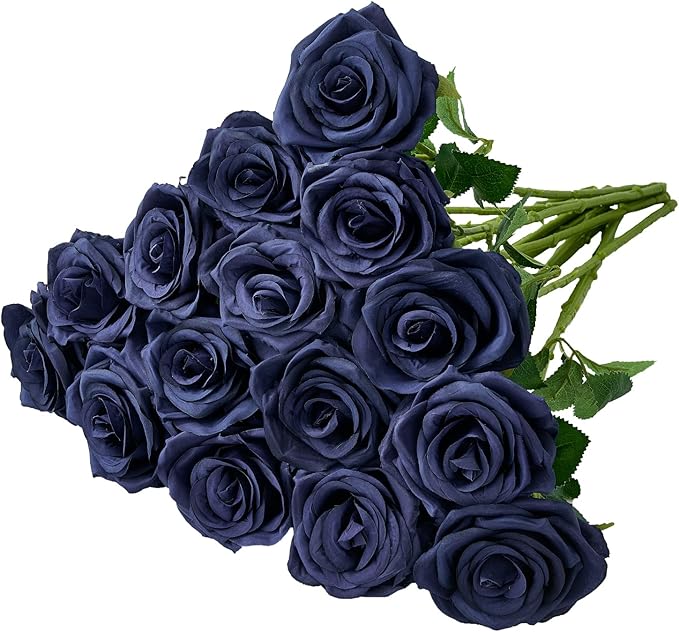 Artificial Navy Blue Flowers Silk Roses Long Stems Fake Bridal Wedding Bouquet for Home Garden Party Floral Decor 15pcs(VASE is NOT Included)
