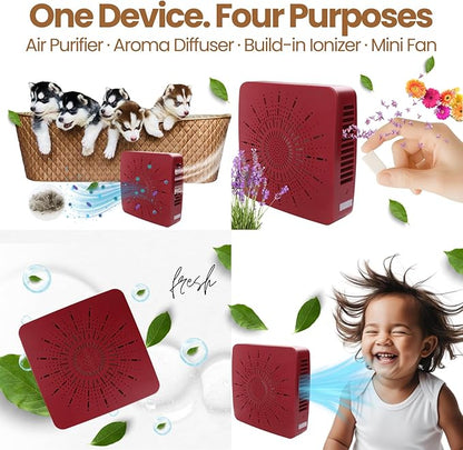 4-in-1 Portable Air Purifier HEPA Filter, Aroma, Ionizer & Mini Fan – USB-C Desktop Air Cleaner for Smoke, Pollen, Dander, Odors – 5 Colors for Bedroom, Office, Baby, Pets, Travel (Crimson Red)