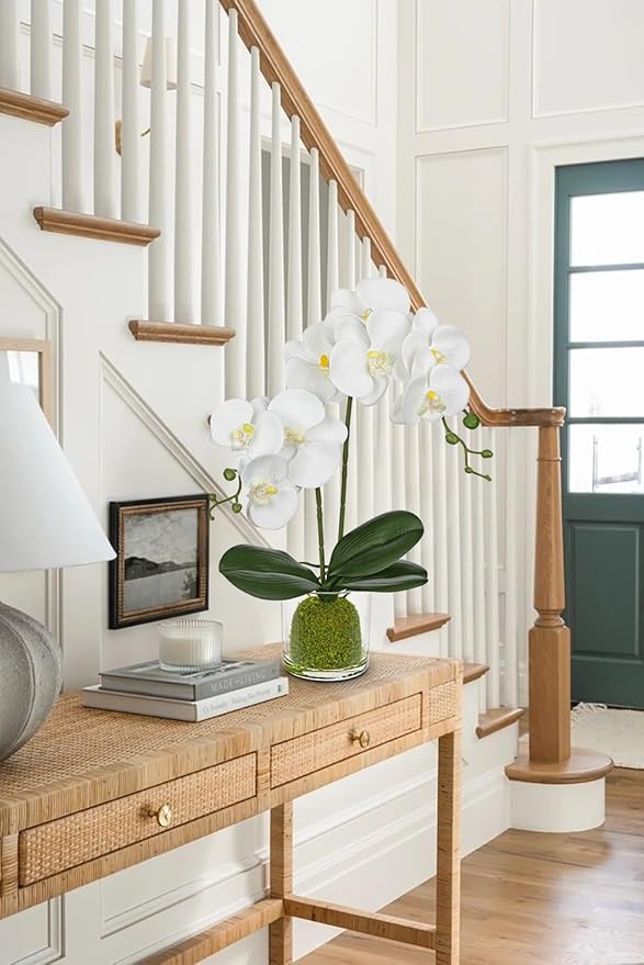 White Orchids Artificial Flowers 16.1" Faux Orchids Plant in Pot Fake Flower Arrangements with Glass Vases Small White Centerpieces for Kitchen Dining Room Tables Bathroom Nightstand Shelf Desk Decor