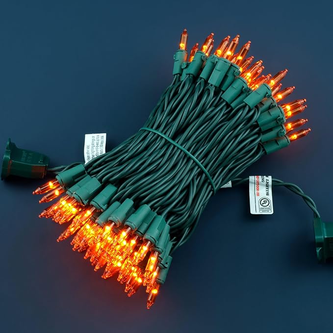 YULETIME 100 Count Orange Christmas Lights, 33 Feet Green Wire UL Certified Incandescent-Like LED Mini String Lights