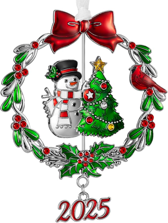 2025 Snowman Christmas Tree Ornament Metal Silver Hanging Rotatable Design Charm Holiday Decorative Pendant Gift Keepsake (Bow)