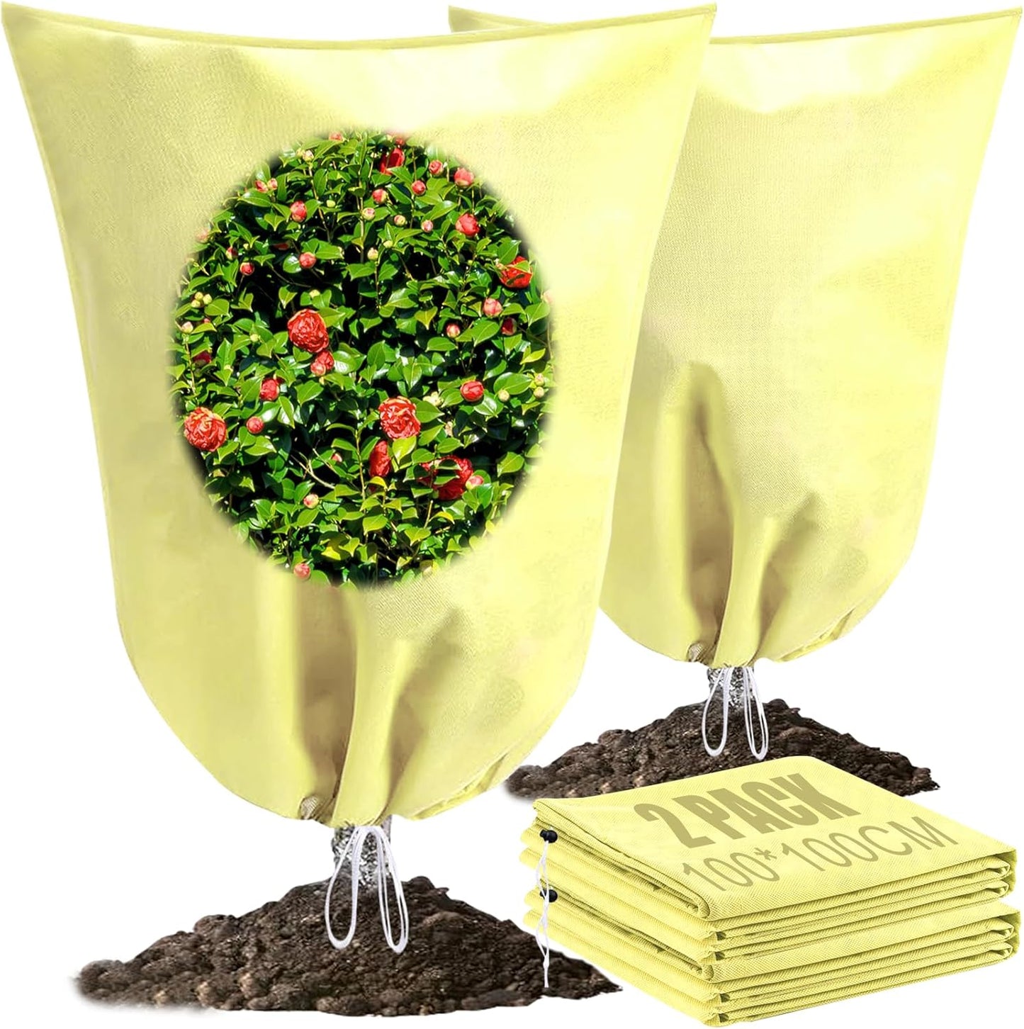 2 Pack Plant Covers for Winter Trees Covers Freeze Protection, 39.3" x 39.3" Frost Covers for Outdoor Plants with Drawstring, Shrub Covers for Winter, Rose Bush Covers for Winter
