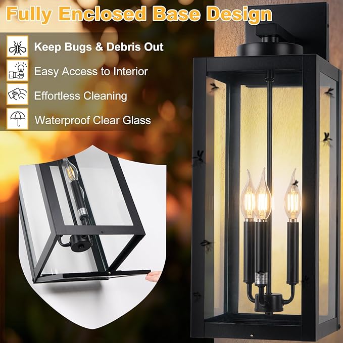 24" Extra Large Fully Enclosed Outdoor Light Fixture 3-Light, Black Outdoor Porch Lantern Wall Mounted, Waterproof Modern Outside Wall Sconce Coach Lamp for House, E12, 2 Packs