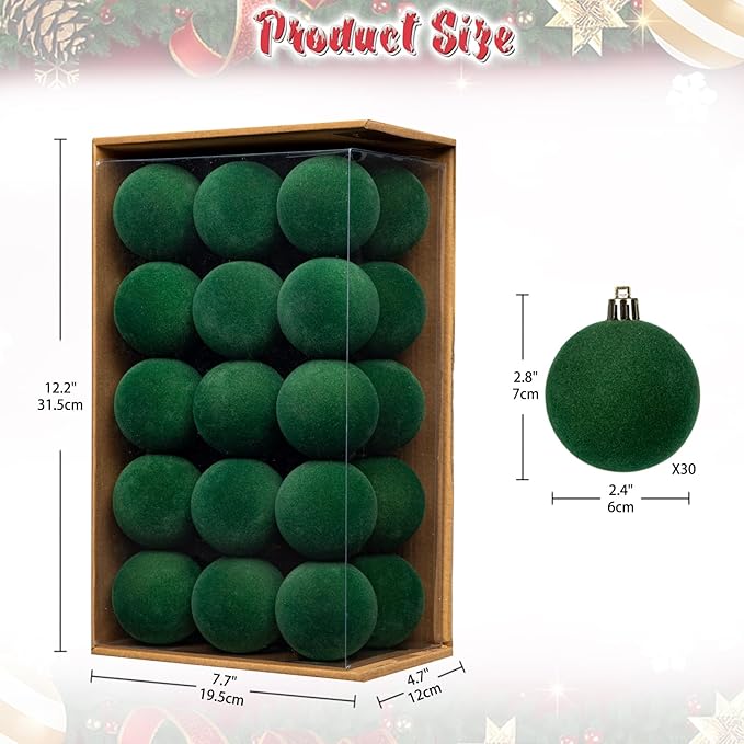 30PCS Velvet Christmas Ball Ornaments Set, 2.36" Shatterproof Baubles for Christmas Tree Decorations, Hanging Baubles with Soft Velvet Finish for Thanksgiving Holiday Party Décor, Dark Green