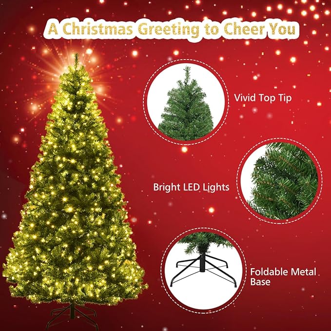 COSTWAY 7 FT Pre-lit Christmas Tree, Artificial Xmas Tree with 500 Warm White & Multicolored Lights, 11 Modes, 1570 Branch Tips, Metal Support, Holiday Decoration Fake Tree for Home, Office, Party