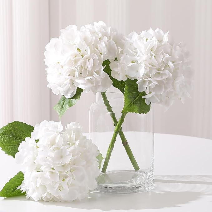 Nubry 22.44In White Hydrangea Artificial Flowers, 2Pcs Latex Faux Real Touch Large Hydrangea Flowers with Long Stems & Leaves for Home Office Decor Wedding Party Arrangements(White)
