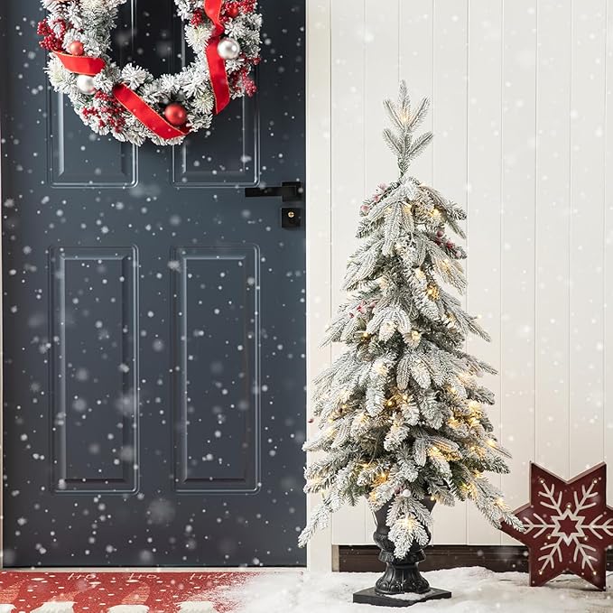 Glitzhome 4ft Christmas Tree, Small Christmas Tree Flocked Fir Potted Prelit Artificial Christmas Tree with 100 Warm White Lights and Red Berries,313 PE&PVC Branch Tips for Holiday Party Decorations