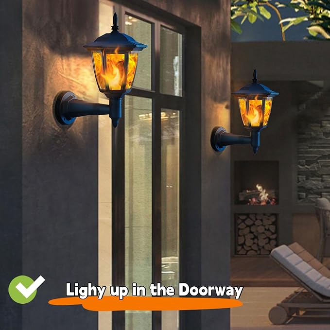 Dynaming 2 Pack Solar Flame Wall Lanterns Outdoor, Solar Powered Wall Mounted Sconce Lights, Flickering Flame LED Lights Auto On/Off Wall Hanging Lights, Waterproof for Garage Stair Patio Porch Yard