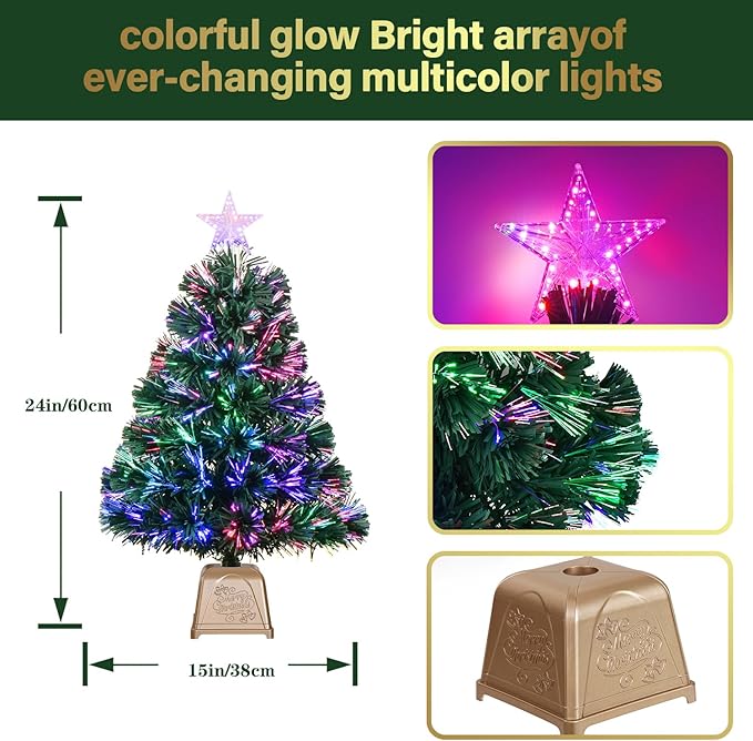24inch Green Fiber Optic Christmas Tree,Pre-Lit Artificial Mini Christmas Tree, Tabletop Small Xmas Tree with Stars Holiday Home Decorations