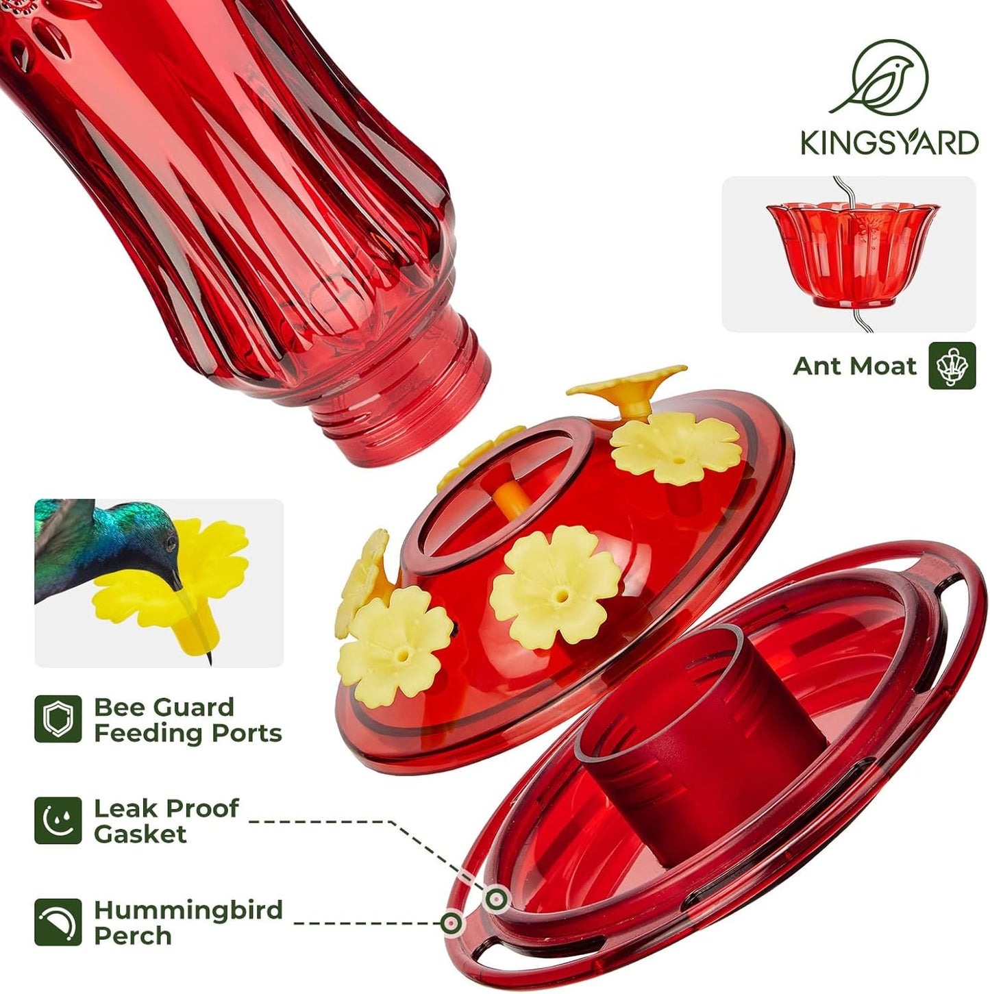 Kingsyard Glass Hummingbird Feeders for Outdoors Hanging, Hummingbird Nectar Feeder with Ant Moat & 6 Bee Guard Feeding Ports, 25 Ounces Leak Proof (Red)