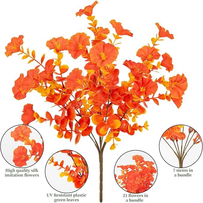 Lnoicy Artificial Flowers for Outdoor 12 Bundles Eucalyptus Fake Flowers for Planter,UV Resistant Fake Morning Glory for Home/Porch/Garden Decoration (Fall Red)