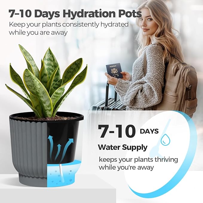 T4U 7 Inch Self Watering Pots for Indoor Plants, 4 Pack Plant Pots, Self Watering Planter for Indoor Plants, Durable Plastic Pots (4 Pack, 7", Gray)